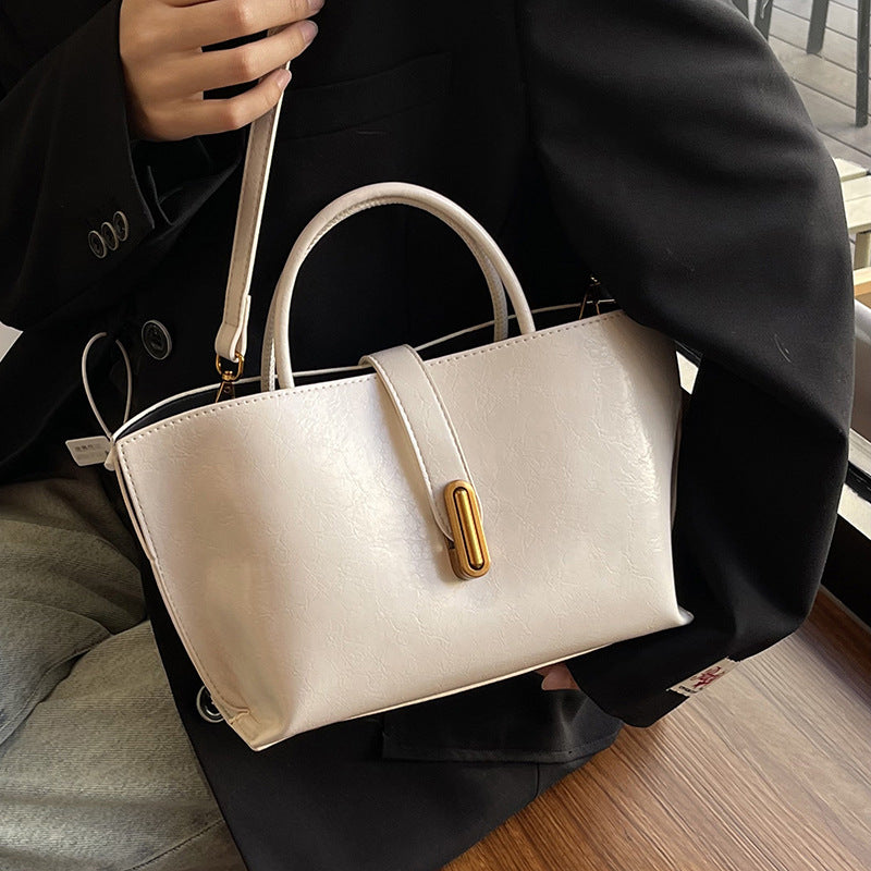 Simple Elegant Oil Wax Leather Portable Bucket Bag